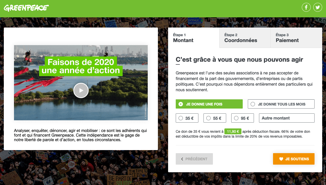 Capture écran de la page de don de Greenpeace avec un encart pour une vidéo de présentation et un autre avec le formulaire de don en 3 étapes