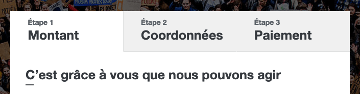 Zoom sur les 3 étapes du formulaire de don de Greenpeace