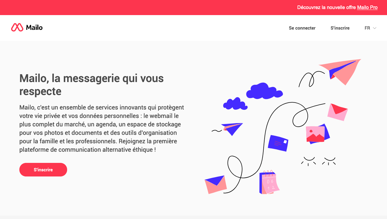 Capture écran de la page de d'accueil de Mailo, une messagerie web qui respecte notre vie privée