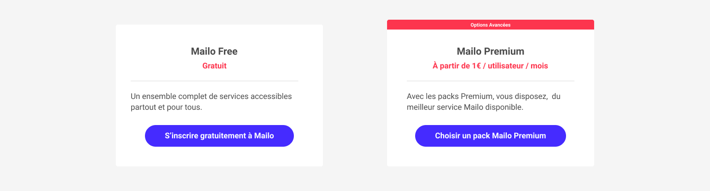 Proposition graphique de la zone d'accueil de la page de création d'un compte Mailo