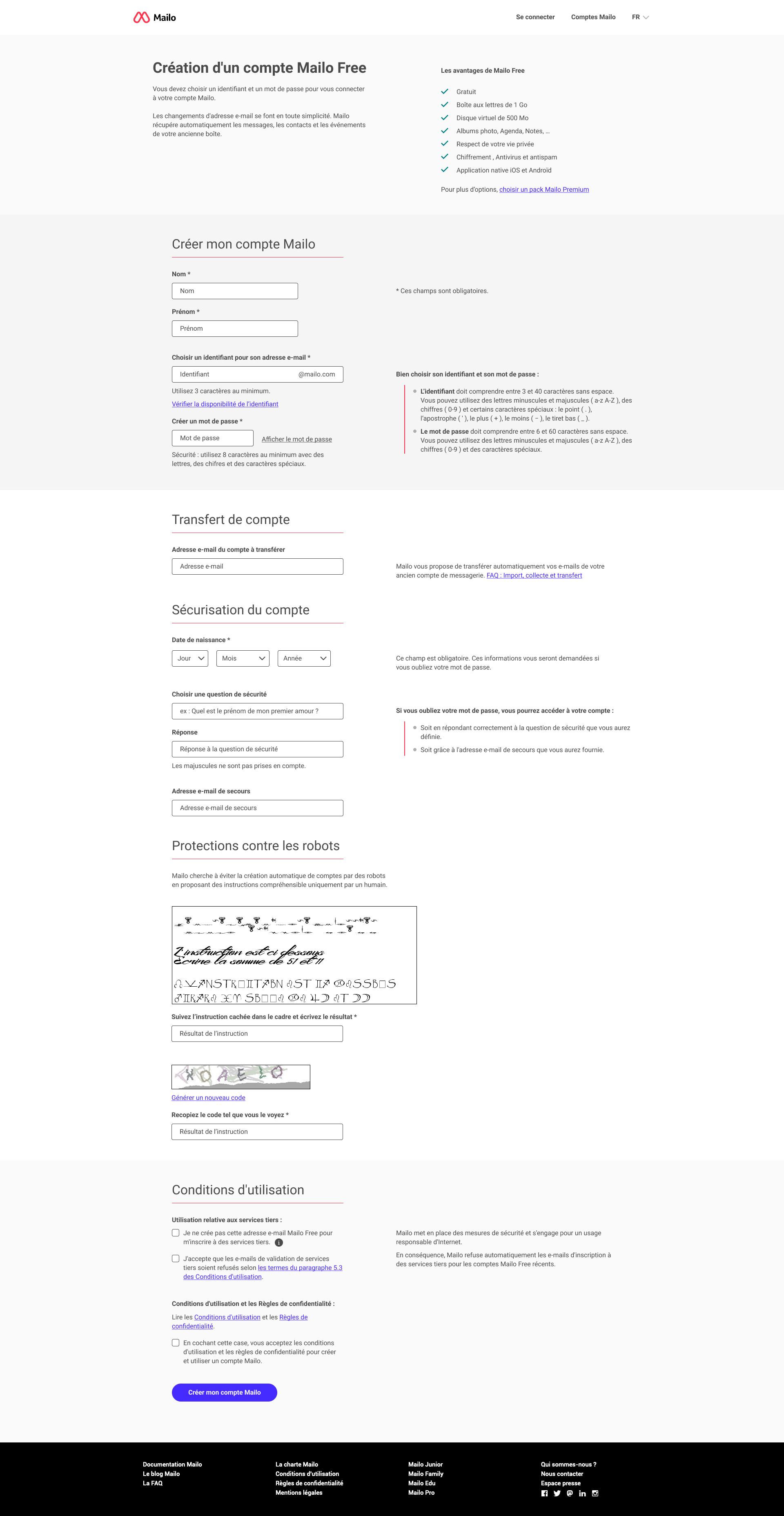 Proposition graphique de la page de création d'un compte Mailo