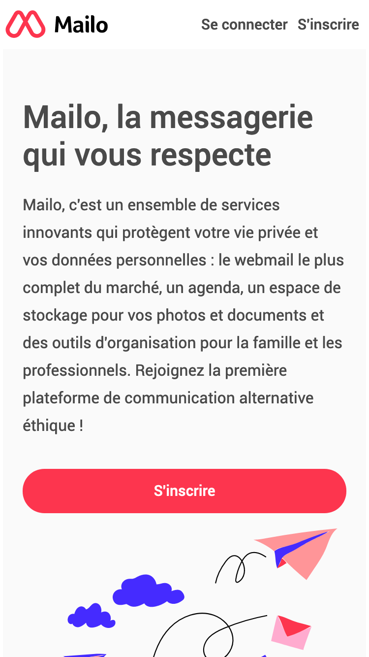 Capture écran de la page d'accueil de Mailo sur mobile