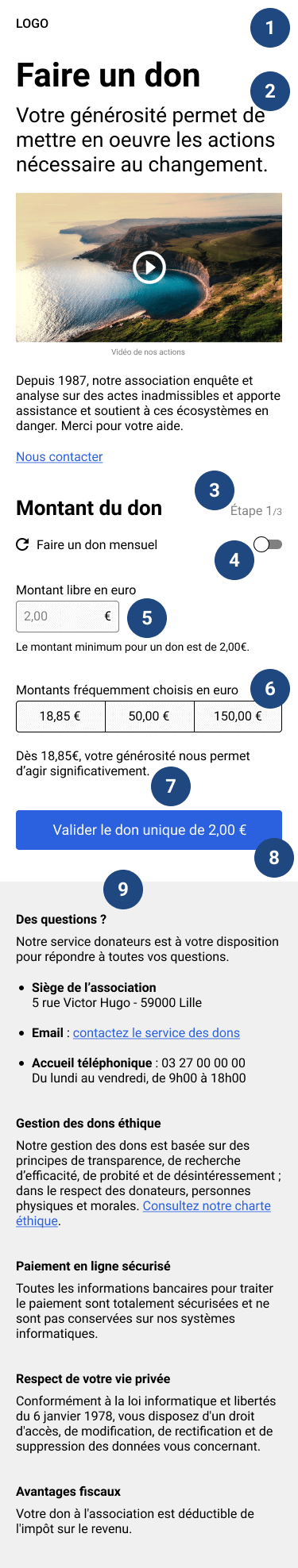 Wireframe de la première étape d'une page de don