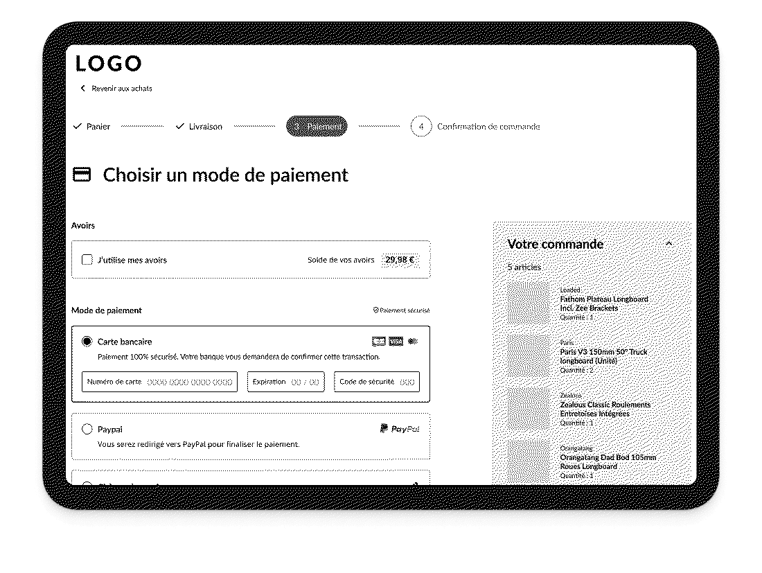 Illustration d'un wireframe représentant l'étape de paiement d'un tunnel de commande