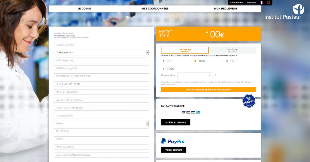 Capture écran de la page de don de l’Institut Pasteur avec une charge cognitive trop importante