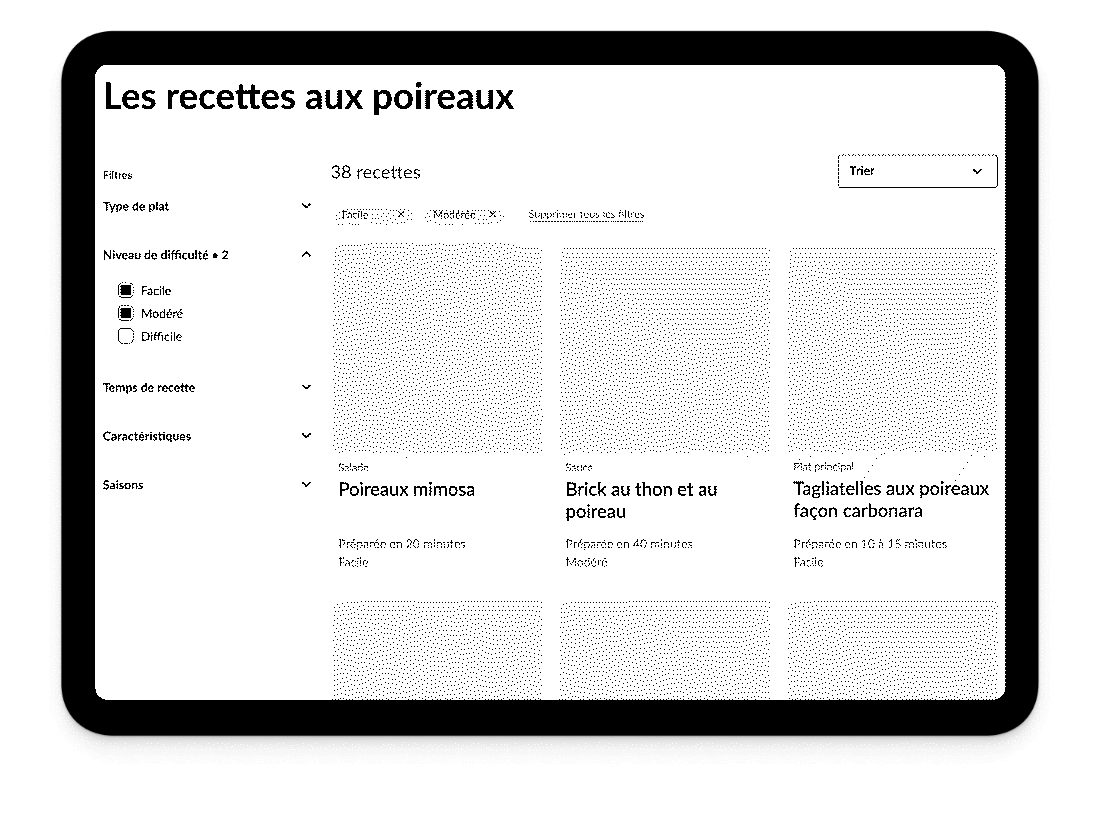 Illustration d'un wireframe représentant le système de filtre d'un site de recette